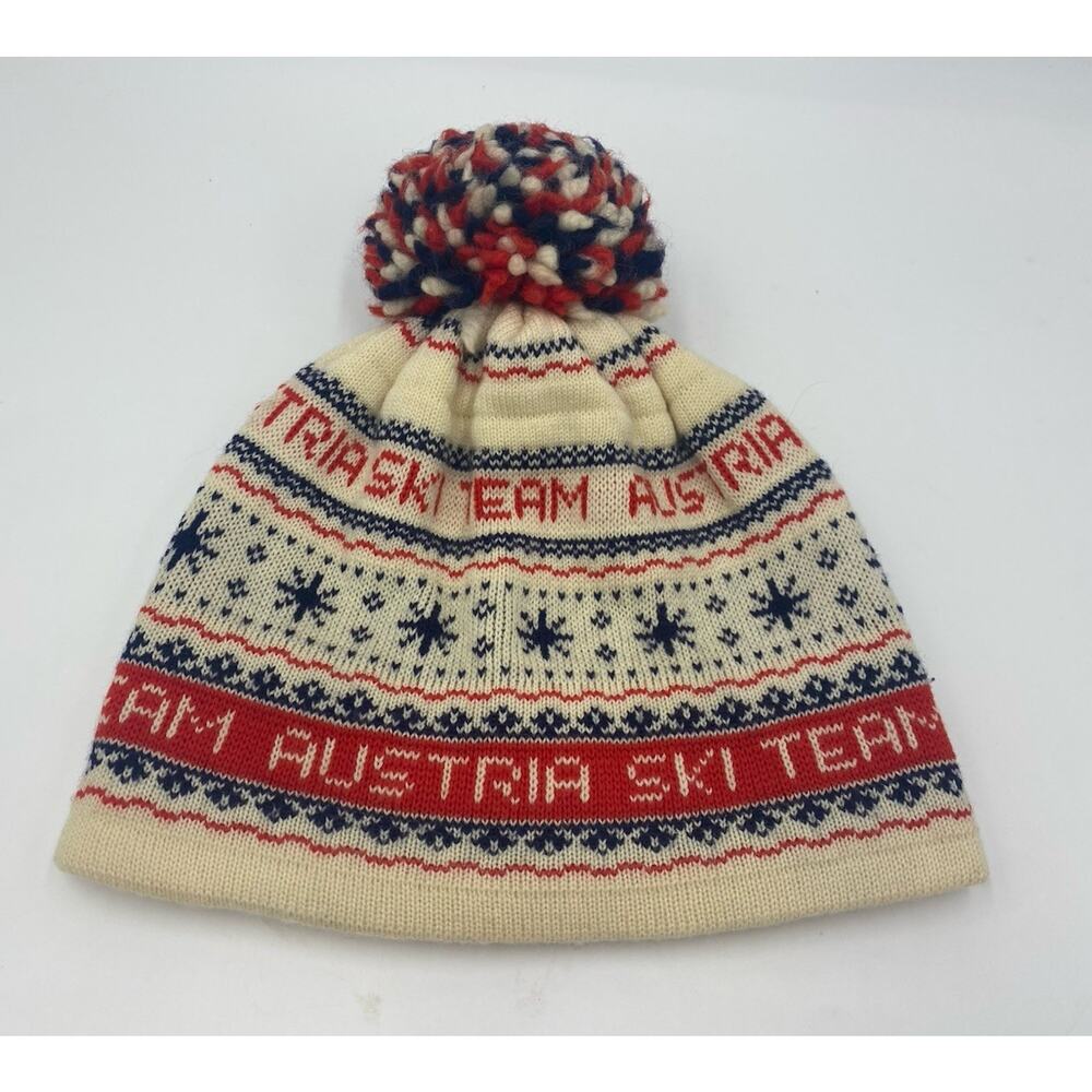 Vintage Steffner Wool Knit Hat Austria Ski Team Beanie Fairisle Skiing 80s Pom
